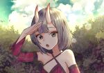 1girl :o absurdres artist_name bangs bare_shoulders bird breasts bush cloud day detached_sleeves dress grey_eyes grey_hair hand_up highres horns kumaartsu large_breasts lens_flare looking_at_viewer open_mouth original outdoors red_dress salute short_hair sky solo sunlight upper_body wide_sleeves 