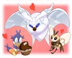  :t animal_focus blipbug blue_eyes border brown_eyes bug chocolate closed_mouth commentary_request eating frosmoth heart highres moth mouth_hold no_humans pokemon pokemon_(creature) rakkokun_tondoru ribombee smile white_border 