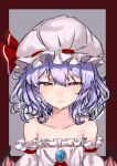  1girl adapted_costume bangs bare_shoulders bat_wings border bow brooch closed_mouth collarbone crying crying_with_eyes_open dress dripping ei_tantan eyebrows_visible_through_hair flat_chest frown glaring grey_background hair_between_eyes half-closed_eyes hat hat_bow highres jewelry long_hair low_wings mob_cap off-shoulder_dress off_shoulder outside_border purple_hair red_border red_bow remilia_scarlet simple_background solo tears touhou upper_body v-shaped_eyebrows white_headwear wings 