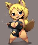  2021 anthro barefoot big_breasts blonde_hair blush bodily_fluids breasts camel_toe canid canine chibi clothing cute_fangs feet female fox gold_(metal) gold_jewelry grey_background hair hi_res jewelry lactating leotard mammal navel obikuragetyan projectile_lactation purple_eyes simple_background smile solo 