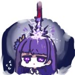  1girl bangs chibi crying crying_with_eyes_open electricity eyebrows_visible_through_hair flower genshin_impact hair_ornament human_scabbard long_hair lowres parted_lips purple_eyes purple_flower purple_hair raiden_shogun solo sukima_(crie) tears upper_body 