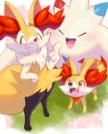  :d ^_^ absurdres blush braixen closed_eyes commentary_request fang fennekin grass grin hand_up highres index_finger_raised open_mouth orange_eyes pokemon pokemon_(creature) smile standing tarnar teeth toes togekiss tongue 