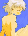  1girl back blue_background blush breasts completely_nude curtains grey_hair highres light_blue_eyes medium_breasts nude profile sakusankarmin shizuku_(game) short_hair sitting solo tearing_up tsukishima_ruriko upper_body 