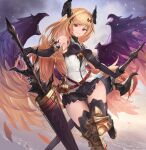  1girl angel_wings armor bangs bare_shoulders black_gloves black_legwear black_skirt blonde_hair boots closed_mouth dark_angel_olivia dual_wielding elbow_gloves eyebrows_visible_through_hair feathered_wings flying gloves gradient gradient_background granblue_fantasy hair_ornament highres holding holding_sword holding_weapon horns knee_pads light_smile long_hair looking_at_viewer miniskirt multicolored_wings pleated_skirt red_eyes shirt sidelocks skirt sleeveless sleeveless_shirt solo sword taba_comya thigh_boots thighhighs weapon white_shirt wings 