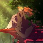  1boy architecture east_asian_architecture from_behind from_side jacket jacket_on_shoulders japanese_clothes male_focus obobkkp one_piece outdoors plant roronoa_zoro sitting solo topknot 
