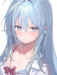  1girl absurdres ahoge bangs bare_shoulders blue_eyes blue_hair blush bow collarbone denpa_onna_to_seishun_otoko dress expressionless eyebrows_visible_through_hair freng hair_between_eyes hair_intakes highres long_hair off-shoulder_dress off_shoulder parted_lips red_bow simple_background solo sweat teeth touwa_erio upper_body white_background 