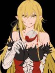  1girl bakemonogatari bare_shoulders blonde_hair blood breasts cleavage cup dress drinking_glass elbow_gloves glass gloves hair_ribbon highres holding holding_cup kiss-shot_acerola-orion_heart-under-blade kizumonogatari large_breasts licking_lips long_hair monogatari_(series) pointy_ears red_dress ribbon strapless strapless_dress tongue tongue_out valhalla0707 vampire white_gloves wine_glass yellow_eyes 