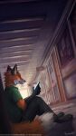  2022 5_fingers 9:16 anthro canid canine clothed clothing detailed_background digital_media_(artwork) eyebrows eyelashes feet fingers fox hi_res male mammal sitting solo thanshuhai toes 