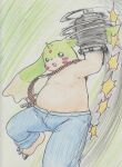  ammo_belt anthro bandai_namco belly bottomwear clothing denim denim_clothing digimon digimon_(species) gargomon gun_arm horn jeans long_ears male pants punch shirtless slightly_chubby solo tabasukotrr traditional_media_(artwork) uppercut 