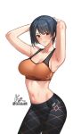  1girl armpits arms_up artist_logo black_hair black_pants blush bra breasts cleavage commission cowboy_shot eyebrows_visible_through_hair hair_between_eyes k52 korean_commentary large_breasts lips looking_at_viewer mahouka_koukou_no_rettousei navel orange_bra orange_eyes pants parted_lips short_hair signature simple_background smile solo sports_bra sportswear stomach sweat sweatdrop tight tight_pants toned twitter_username underwear watanabe_mari white_background yoga_pants 