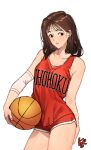  1girl akagi_haruko arm_behind_back arm_warmers armpit_crease artist_logo ball basketball basketball_jersey basketball_uniform blush breasts brown_eyes brown_hair contrapposto cowboy_shot holding holding_ball k52 korean_commentary lips looking_at_viewer medium_breasts medium_hair parted_lips red_shirt red_shorts shirt short_shorts shorts signature simple_background slam_dunk sleeveless sleeveless_shirt smile solo sportswear standing sweat thighs white_background 