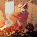 1boy covered_eyes hat hat_on_face japanese_clothes male_focus monkey_d._luffy obobkkp one_piece outdoors plant sitting sleeping sleeping_upright smile solo straw_hat 