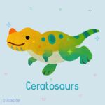  animal animal_focus artist_name black_eyes blue_background ceratosaurus closed_mouth commentary dinosaur english_commentary from_side full_body heart no_humans original pikaole running simple_background smile solid_circle_eyes standing teeth watermark 