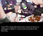  5girls absurdres braid brown_eyes brown_hair english_text food girls&#039;_frontline guard_(girls&#039;_frontline) hair_between_eyes highres jaeger_(girls&#039;_frontline) long_braid long_hair multiple_girls necktie pineapple_slice plate red_necktie restrained ripper_(girls&#039;_frontline) sangvis_ferri single_braid solo_focus type_97_shotgun_(girls&#039;_frontline) very_long_hair yanagui 