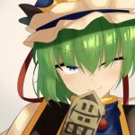  1girl ;) asymmetrical_hair bangs closed_mouth eyebrows_visible_through_hair frilled_hat frills green_hair hat highres looking_at_viewer one_eye_closed raian_macaroni rod_of_remorse shiki_eiki short_hair simple_background smile solo touhou upper_body white_background 