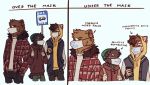  anthro backpack blush brown_body brown_fur bus_stop canid canine canis clothing domestic_dog english_text fur group hand_in_pocket hi_res male mammal mask phone pockets shiba_inu spitz sweater text topwear ursid wereshiba 