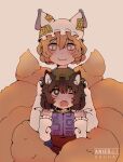  2girls absurdres anies_kouhai animal_ear_fluff animal_ears arms_around_neck bangs blonde_hair blush bright_pupils brown_hair cat_ears chen earrings eyebrows_visible_through_hair eyelashes fang fang_out fox_ears fox_tail frills gold_trim grey_background hair_between_eyes hands_in_opposite_sleeves hands_up hat highres jewelry long_sleeves looking_at_another looking_down looking_up multiple_girls multiple_tails one_eye_closed open_mouth pillow_hat puffy_long_sleeves puffy_sleeves red_vest short_hair simple_background single_earring skin_fang tail tassel touhou upper_body vest white_pupils yakumo_ran yellow_eyes 