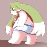  absurd_res ammo_belt anthro bandai_namco beady_eyes briefs butt clothing digimon digimon_(species) fur gargomon hi_res horn long_ears looking_back male naughty_face shirtless slightly_chubby solo tighty_whities toruu underwear white_body white_clothing white_fur white_underwear 