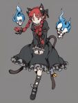  1girl :3 animal_ear_fluff animal_ears bangs bell black_bow blue_fire blunt_bangs bolos bow bowtie braid brooch cat_ears cat_tail dress extra_ears eyebrows_behind_hair fire flaming_skull floating_skull frills full_body grey_background grey_dress hair_bow hair_ribbon hitodama jewelry jingle_bell juliet_sleeves kaenbyou_rin long_hair long_sleeves looking_at_viewer multiple_tails nekomata petticoat pointy_ears puffy_sleeves red_bow red_bowtie red_eyes red_hair ribbon simple_background sleeves_past_wrists solo tail tail_bell tail_ornament touhou tress_ribbon twin_braids twintails two_tails v_arms 