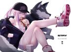  1girl animal blue_eyes blush burger dog drink eating flat_chest food girls&#039;_frontline hand_in_jacket hat jacket long_hair looking_at_viewer mishima_hiroji pink_hair ponytail shoes simple_background sneakers solo st_ar-15_(girls&#039;_frontline) white_background 