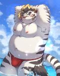  2022 absurd_res anthro armpit_hair asian_clothing belly blush body_hair bulge clothing cloud cute_fangs east_asian_clothing felid fundoshi hi_res japanese_clothing jerry_5779 kemono licho_(tas) lifewonders male mammal moobs navel nipples outside overweight overweight_male pantherine red_clothing red_fundoshi red_underwear solo tiger tokyo_afterschool_summoners underwear video_games water 