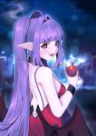  1girl absurdres bangs blunt_bangs blurry blurry_background detached_collar eyebrows_visible_through_hair hair_intakes heart heart-shaped_pupils highres kumaartsu long_hair looking_at_viewer open_mouth original purple_hair red_eyes sidelocks sleeveless solo symbol-shaped_pupils twintails white_background wings 