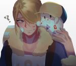  1boy ? absurdres bandaid bandaid_on_face blonde_hair blue_jumpsuit closed_mouth collarbone eyelashes hair_over_one_eye hand_up hatted_pokemon highres jumpsuit male_focus pokemon pokemon_(creature) pokemon_(game) pokemon_legends:_arceus purple_eyes sad scrape short_hair sizuru_(garasuame0206) smile sweatdrop symbol-only_commentary tearing_up togepi upper_body volo_(pokemon) white_background 