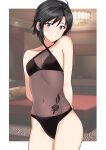  1girl ahoge arms_behind_back black_hair collarbone commentary cowboy_shot eyebrows_visible_through_hair highres idolmaster idolmaster_(classic) kikuchi_makoto lingerie looking_at_viewer navel short_hair smile solo tattoo tsurui underwear 