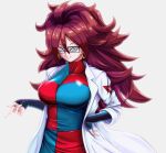  1girl ahoge android_21 black-framed_eyewear black_nails blue_eyes breasts brown_hair closed_mouth coat commentary_request dragon_ball dragon_ball_fighterz earrings glasses happy hoop_earrings jewelry labcoat large_breasts long_hair long_sleeves open_clothes open_labcoat red_ribbon_army simple_background smile user_vtvy4533 white_background white_coat 