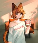 1girl absurdres animal_ears blush breasts brown_hair cat_ears cat_girl cat_tail closed_mouth clothes_writing coffee_mug collarbone couch cup english_text eyebrows_visible_through_hair garfield garfield_(character) genderswap genderswap_(mtf) green_eyes highres holding holding_cup kumaartsu looking_at_viewer medium_breasts mug mug_writing off-shoulder_shirt off_shoulder orange_hair personification shirt short_hair smile solo tail teabag white_shirt 