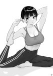  1girl absurdres armpits bangs barefoot blunt_bangs breasts cleavage collarbone flexible highres large_breasts midriff monochrome original pants short_hair solo sports_bra stretch sweat takenoko_no_you track_pants yoga 