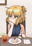  1girl blonde_hair blush cake chair closed_mouth covered_collarbone cup drinking_glass embarrassed eyebrows_visible_through_hair food fork green_eyes highres holding holding_fork indoors looking_away mizuhashi_parsee moonii_desu napkin plate pointy_ears short_hair solo table touhou 