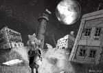  1girl absurdres animal_ears backpack bag cat_ears eyebrows_visible_through_hair goggles goggles_on_head greyscale highres long_hair looking_at_viewer monochrome moon night original outdoors power_lines revision scenery sky sleeping_bag solo star_(sky) starry_sky usio_ueda walking 
