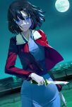  1girl black_hair blue_eyes clear_sky fate/grand_order fate_(series) feet_out_of_frame full_moon highres holding holding_knife holding_weapon jacket japanese_clothes kara_no_kyoukai kimono knife long_sleeves looking_at_viewer moon night night_sky obi red_jacket ryougi_shiki sash short_hair sky solo weapon yeh_(354162698) 