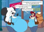  2018 anthro belly big_belly big_breasts blue_clothing blue_shirt blue_topwear bodily_fluids bottomwear breasts butt clothing denim denim_clothing digital_media_(artwork) domestic_cat duo english_text eyes_closed felid feline felis female fur glass green_eyes hair helen_(satsumalord) hi_res huge_breasts hyper hyper_belly hyper_pregnancy jeans mammal mephitid multicolored_body multicolored_fur pants pregnant purse red_hair satsumalord shirt sidewalk sign skunk speech_bubble stacy_(satsumalord) storefront street_lamp sweat sweatdrop text thick_thighs topwear two_tone_body two_tone_fur white_hair 