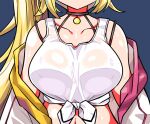  1girl bare_shoulders blonde_hair breast_focus breasts choker close-up collarbone commentary_request derivative_work head_out_of_frame hoshikawa_sara jacket kanikama large_breasts long_hair navel nijisanji off_shoulder open_clothes open_jacket screencap_redraw see-through shiny shiny_skin shirt simple_background solo tied_shirt very_long_hair virtual_youtuber wet wet_clothes white_jacket white_shirt 