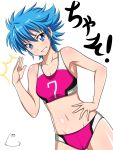  1girl blue_eyes blue_hair blush breasts collarbone eyebrows_visible_through_hair hand_on_hip highres jabara_tornado looking_at_viewer navel nishijima_waon parted_lips precure short_hair small_breasts smile solo spiked_hair sports_bra suite_precure teeth 