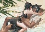  1boy 1girl absurdres animal_ears artist_name avatar_(ff14) back_cutout bare_arms bare_legs beach black_dress black_hair cat_ears cat_girl cat_tail closed_mouth clothing_cutout dark-skinned_male dark_skin dress english_text eye_contact facial_mark final_fantasy final_fantasy_xiv girl_on_top hand_on_another&#039;s_waist hetero highres holding holding_with_tail looking_at_another lying miqo&#039;te mole mole_under_mouth on_back on_ground open_clothes open_shirt outdoors palm_leaf parted_lips pectorals prehensile_tail red_eyes sample_watermark sand shadow shirt short_hair short_sleeves shuangbatian tail water wet wet_clothes wet_shirt whisker_markings white_shirt 