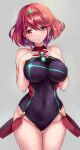  1girl bangs bare_shoulders black_swimsuit blush breasts chest_jewel covered_navel earrings highleg highleg_swimsuit highres jewelry large_breasts looking_at_viewer one-piece_swimsuit pyra_(pro_swimmer)_(xenoblade) pyra_(xenoblade) red_eyes red_hair red_swimsuit short_hair smile solo swept_bangs swimsuit taka-kun thighs tiara two-tone_swimsuit xenoblade_chronicles_(series) xenoblade_chronicles_2 