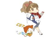  1girl brown_eyes brown_hair closed_mouth flame-tipped_tail full_body gloves hair_ribbon high_ponytail highres jibanyan kodama_fumika long_hair looking_at_viewer mota ribbon scarf shorts simple_background white_background winter_clothes youkai_watch 