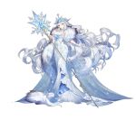  1girl ark_order blue_cape blue_eyes breasts cape cleavage diadem dress frozen fur_coat gloves hat hatoyama_itsuru highres holding holding_staff huge_breasts ice long_dress looking_at_viewer official_art sleeveless sleeveless_dress snow snowflake_print snowflakes solo staff tachi-e the_snow_queen the_snow_queen_(ark_order) transparent_background white_dress white_gloves white_hair white_headwear 