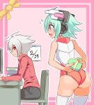  1boy 1girl acura_(gunvolt) ahoge arms_behind_back ass azure_striker_gunvolt_2 bangs black_pants blue_eyes blush book box calendar_(object) chair closed_mouth collared_dress commentary cougar_(cougar1404) desk dress flying_sweatdrops gift green_hair grey_hair headgear heart-shaped_box hetero holding holding_gift indoors leaning_forward leotard looking_at_another motion_lines notice_lines object_behind_back open_mouth pants red_eyes red_leotard red_shirt roro_(gunvolt) shirt short_hair sitting skindentation sleeveless smile standing thighhighs valentine white_legwear 