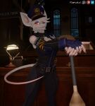  3d_(artwork) anthro armwear bare_shoulders claws clothed clothing detailed_background digital_media_(artwork) elbow_gloves female fingerless_gloves flapcats freckles fur gloves handwear hat headgear headwear hi_res horny_bat horny_police inner_ear_fluff looking_at_viewer mammal murid murine officer_flint radio rat rodent solo standing text tuft uniform warfare_machine white_body white_fur 