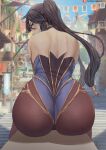  1girl aqua_eyes ass black_hair blue_leotard blush bodystocking brown_legwear day duplicate from_behind genshin_impact gold_trim highleg highleg_leotard highres leotard long_hair looking_at_viewer looking_back mona_(genshin_impact) outdoors pixel-perfect_duplicate shexyo sitting solo twintails 