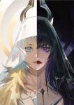  2girls absurdres black_hair black_vs_white blonde_hair blue_eyes closed_mouth collarbone commentary final_fantasy final_fantasy_xiv gaia_(ff14) highres hood hood_up hooded_robe lips long_hair looking_at_viewer multicolored_hair multiple_girls nose purple_eyes purple_hair red_lips red_pupils ryne shuangbatian split_theme straight-on streaked_hair upper_body white_robe 