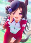 1girl absurdres alternate_costume animal_ears black_hair commentary_request gym_uniform hair_over_one_eye hat herohero_(higashi_no_dou) highres horse_ears horse_girl horse_tail jacket jersey long_hair looking_at_viewer racetrack rice_shower_(umamusume) sky solo tail track_jacket track_suit umamusume 