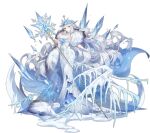  1girl ark_order blue_cape blue_eyes breasts cape cleavage diadem dress frozen fur_coat gloves hat hatoyama_itsuru highres holding holding_staff huge_breasts ice long_dress looking_at_viewer official_art sleeveless sleeveless_dress snow snowflake_print snowflakes solo staff tachi-e the_snow_queen the_snow_queen_(ark_order) transparent_background white_dress white_gloves white_hair white_headwear 