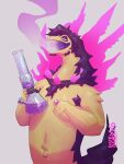  2022 anthro beard biped black_body black_fur bong colored_fire digital_media_(artwork) drugs facial_hair fire fur half-closed_eyes hi_res hisuian_typhlosion lighter male multicolored_body multicolored_fur narrowed_eyes nintendo pok&eacute;mon pok&eacute;mon_(species) purple_fire regional_form_(pok&eacute;mon) simple_background smoke smoking solo stubble two_tone_body two_tone_fur video_games white_background yellow_body yellow_fur yiyani 