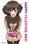  1girl :d absurdres acrux akiyama_yukari anglerfish artist_logo bangs black_pants black_scarf brown_coat brown_eyes brown_hair casual coat commentary_request dated emblem english_commentary english_text eyebrows_visible_through_hair fringe_trim girls_und_panzer giving happy_valentine highres long_sleeves looking_at_viewer messy_hair mixed-language_commentary open_mouth pants scarf short_hair simple_background smile solo standing twitter_username valentine white_background winter_clothes 