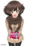  1girl :d absurdres acrux akiyama_yukari anglerfish artist_logo bangs black_pants black_scarf brown_coat brown_eyes brown_hair casual coat commentary_request dated emblem english_commentary eyebrows_visible_through_hair fringe_trim girls_und_panzer giving highres long_sleeves looking_at_viewer messy_hair mixed-language_commentary open_mouth pants scarf short_hair simple_background smile solo standing textless twitter_username valentine white_background winter_clothes 